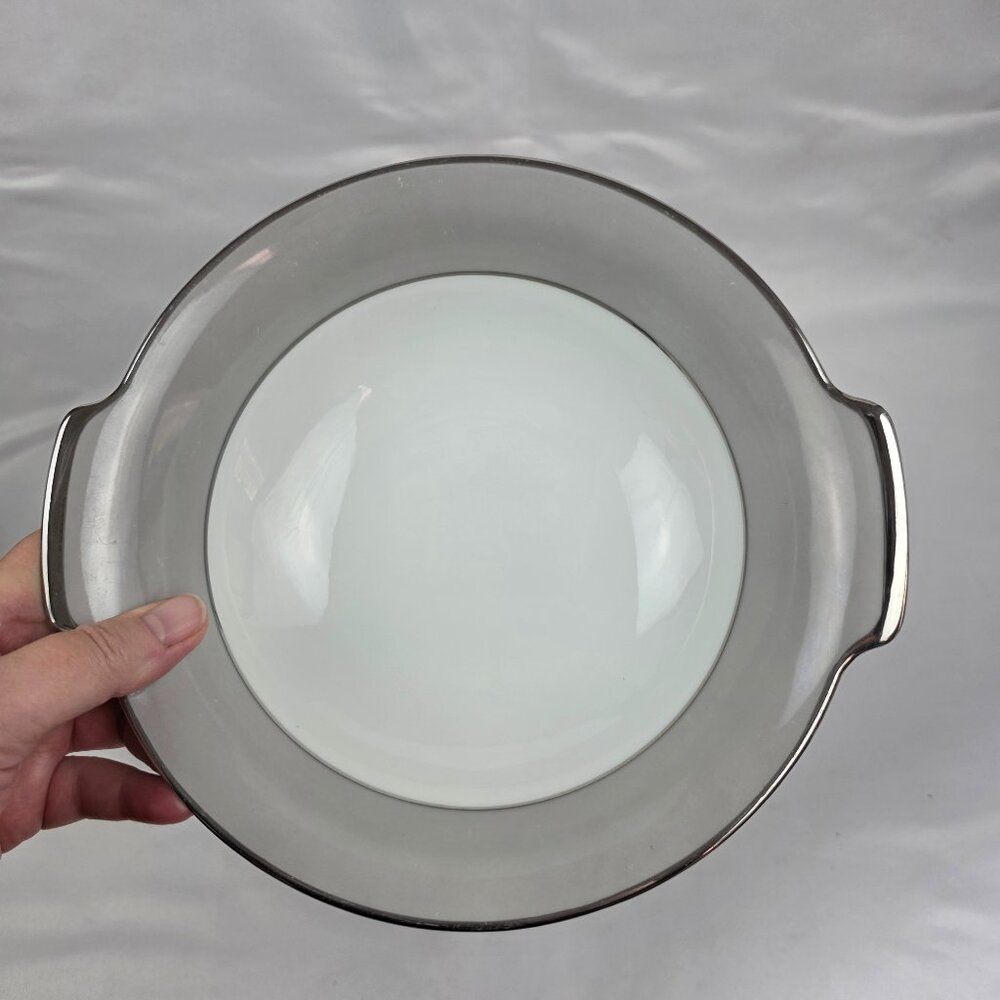 Sango Plantina Round Serving Bowl 9 Inch White with Gray Band & Platinum Trim
